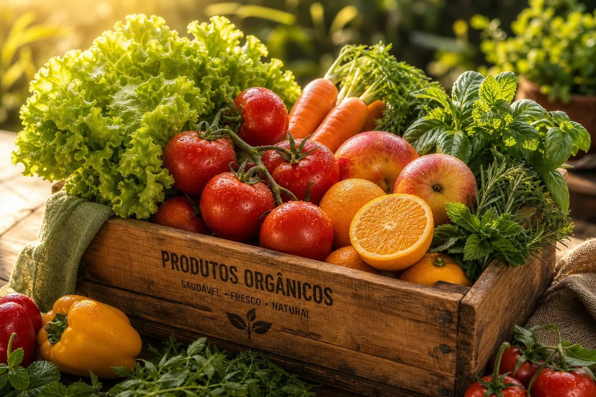 Cesta de feira fresca com frutas e legumes